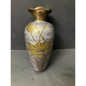 Vintage Penco Industries Iris Floral Bud Purple Enameled Brass Vase India
